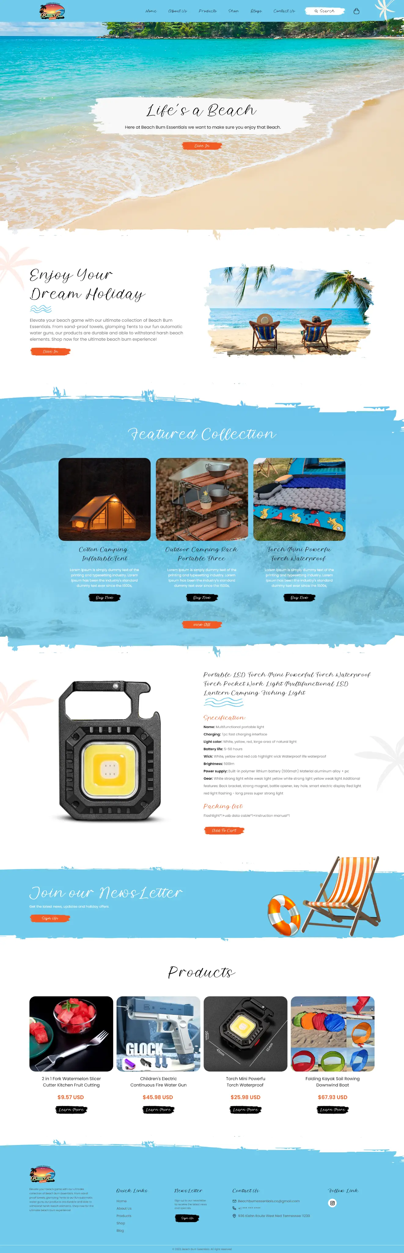 Full-page screenshot of the Beach Bum Essentials beach gear shop.