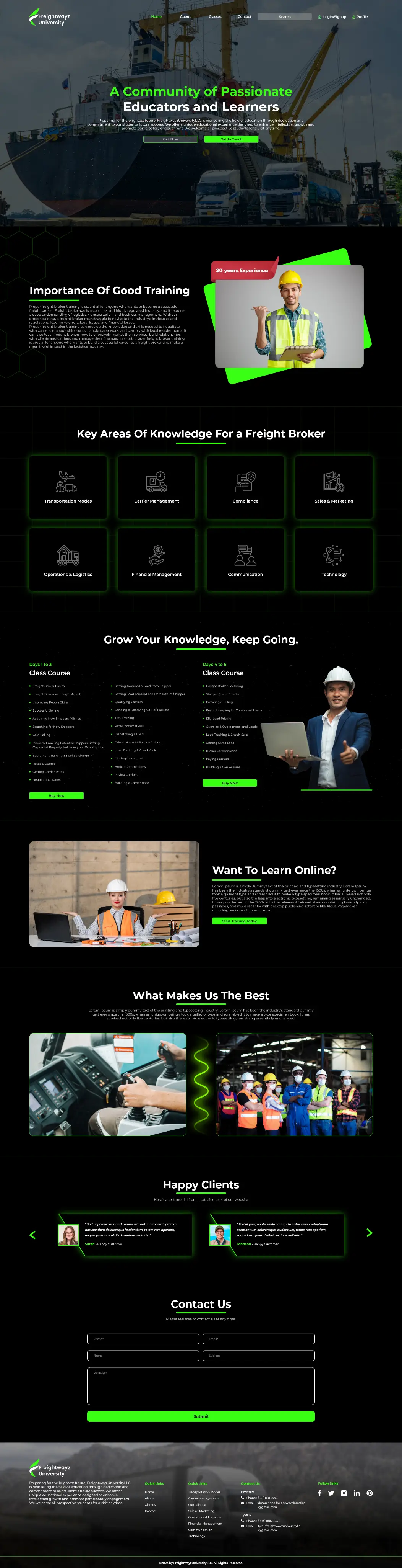 Full-page screenshot of the Freightwayz University freight broker training site.