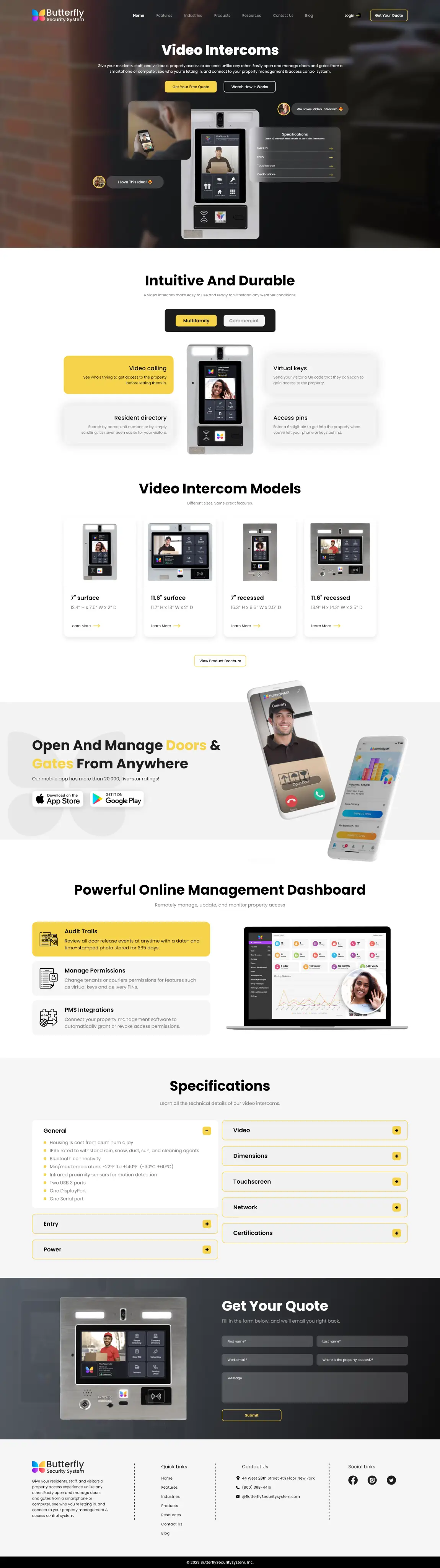 Full-page screenshot of a video intercom product website.