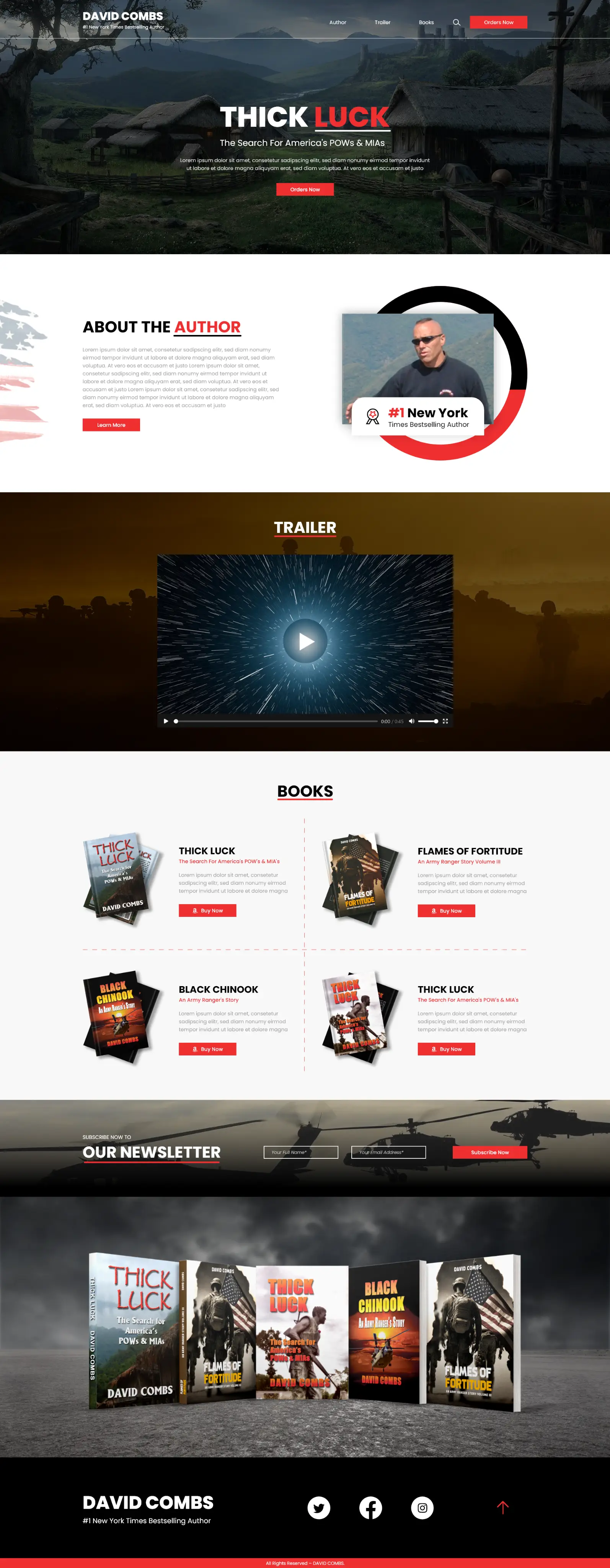 Full-page screenshot of the David Combs author website.
