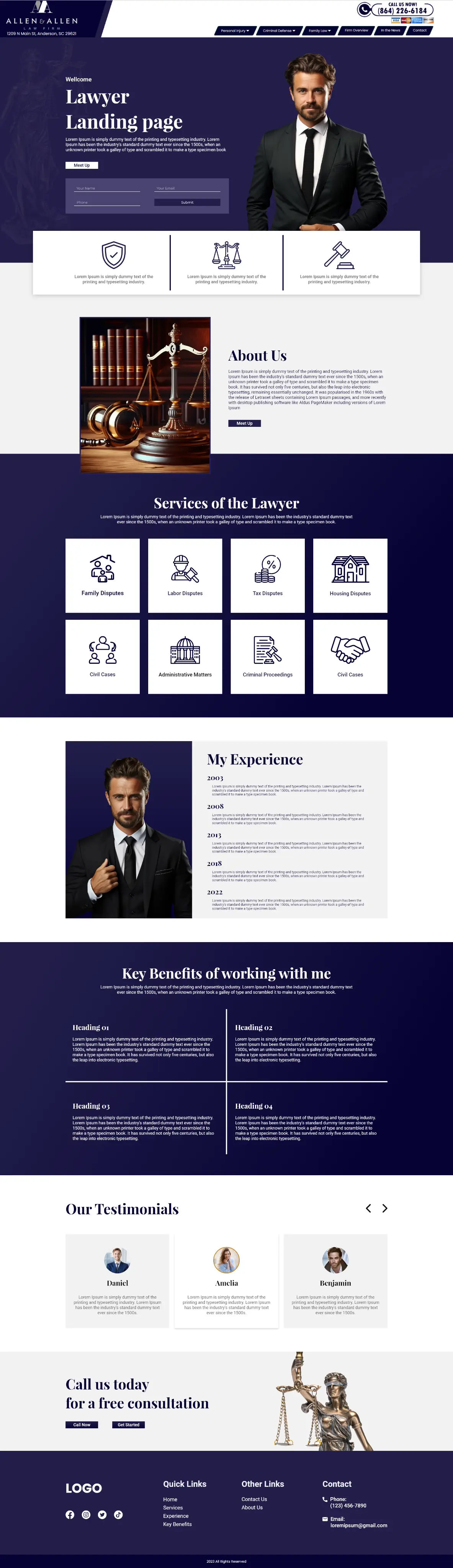 Full-page screenshot of a lawyer landing page with an Anderson, South Carolina address.