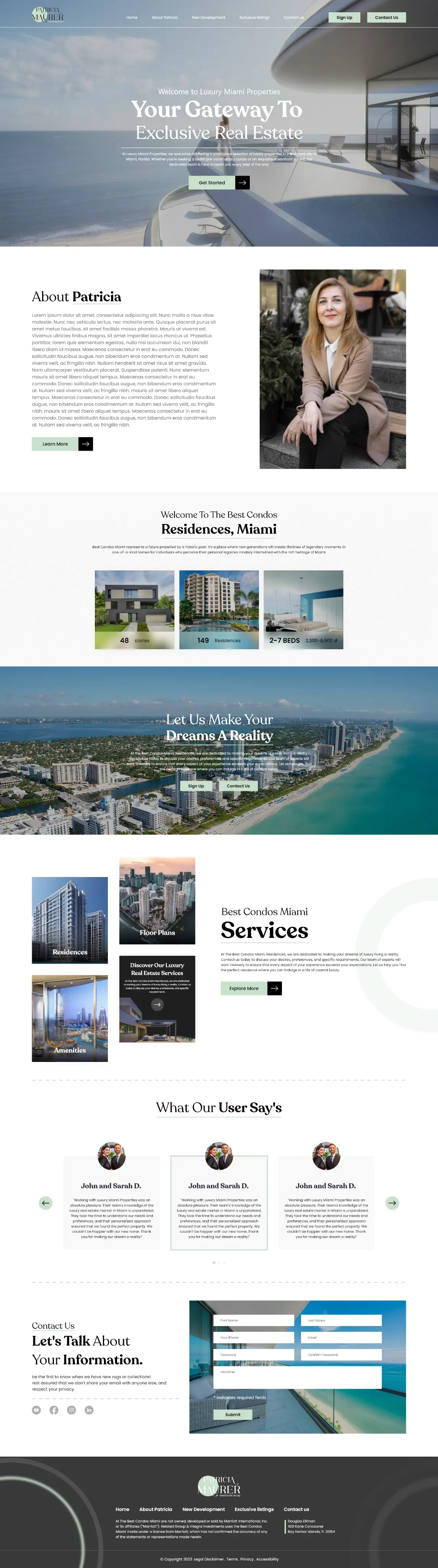 Full-page screenshot of a real estate website with an About Patricia section.