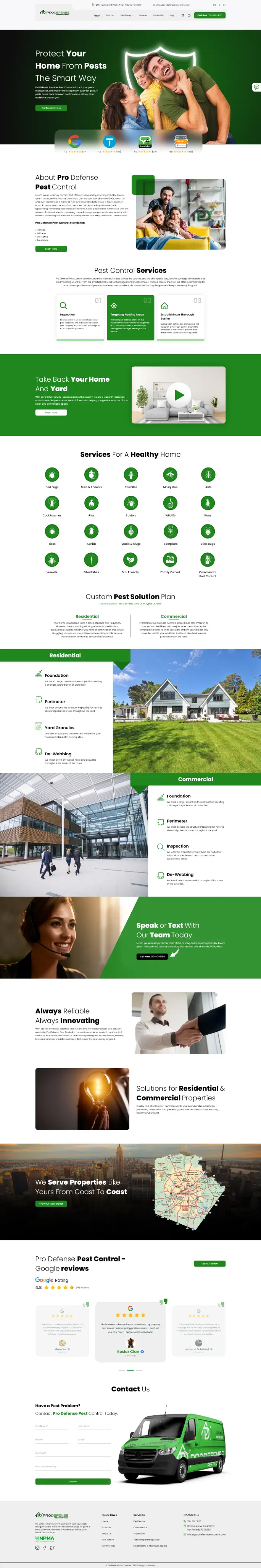 Full-page screenshot of the Pro Defense Pest Control website.