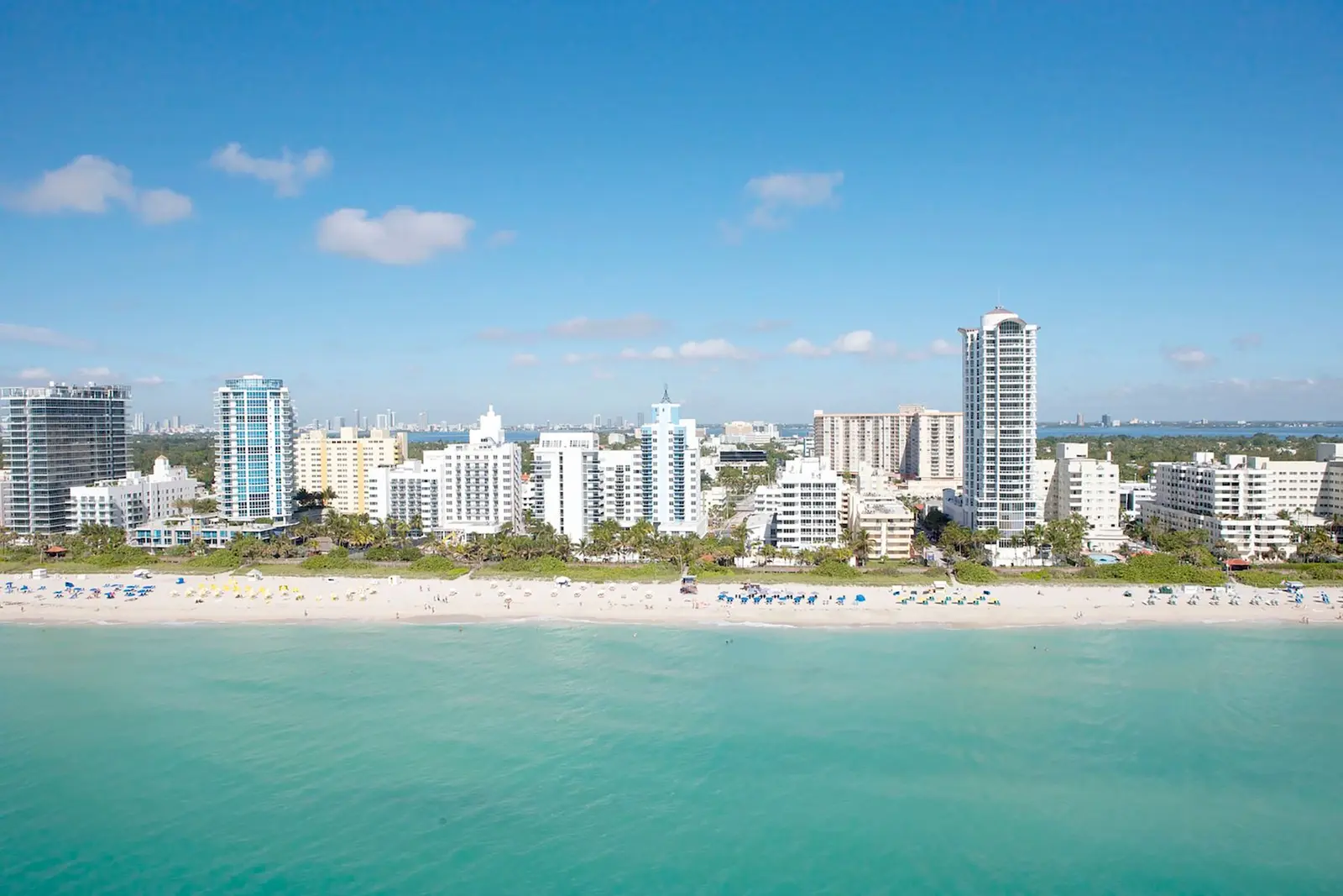 Aerial view of the Miami Beach skyline and coastline. Miami, Florida
