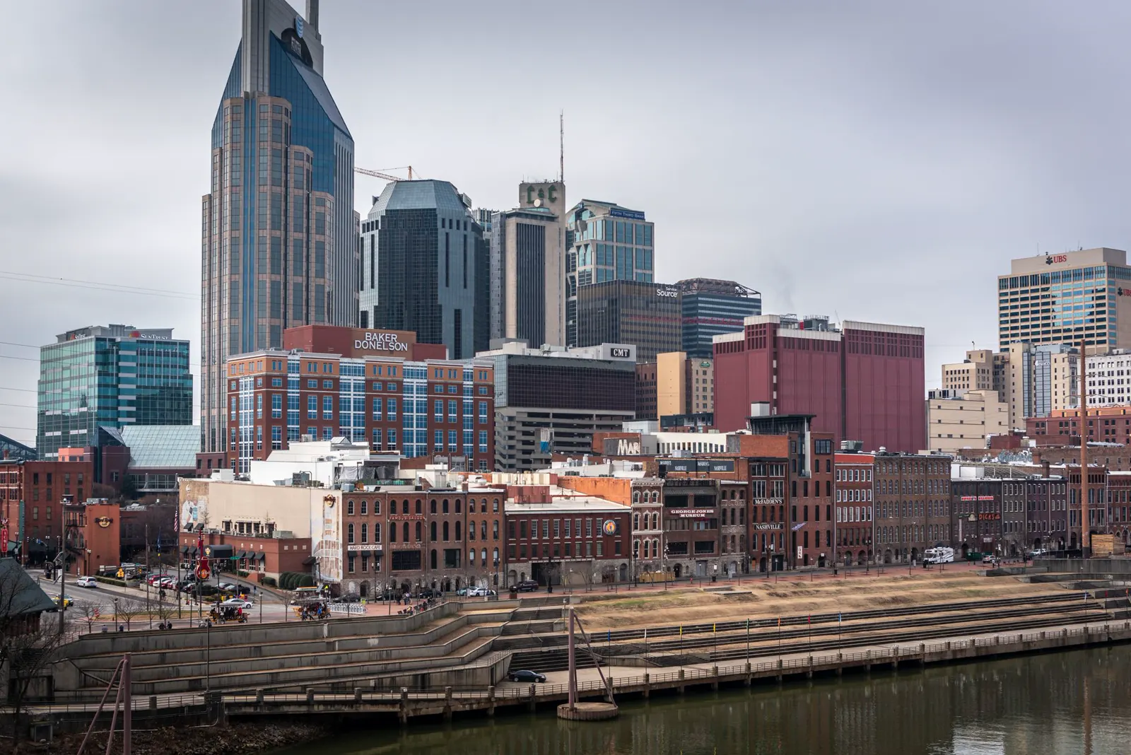 Nashville skyline along the Cumberland River. Nashville, Tennessee