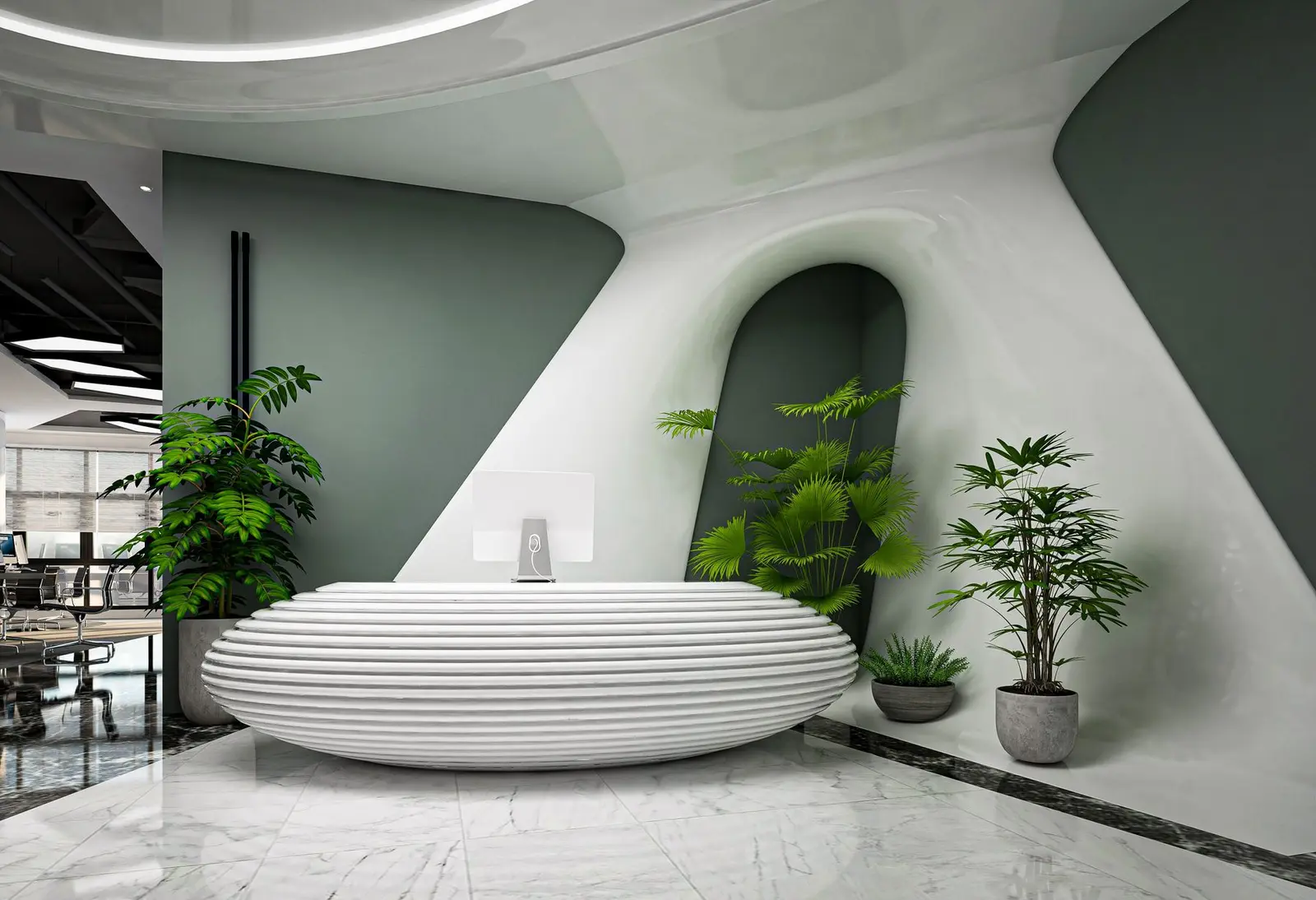 Reception desk in a contemporary office. Contact CodeHunterz to book a free strategy call